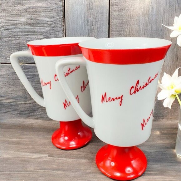 FINE SEYEI CHINA MERRY CHRISTMAS CUP MUG Footed Cups Mugs Set 2 Porcelain Japan - Picture 1 of 16